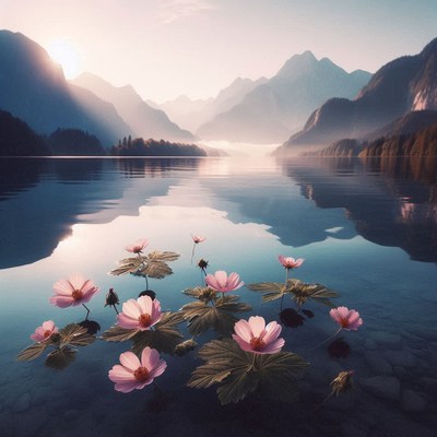 Mountain lake flowers at dawn