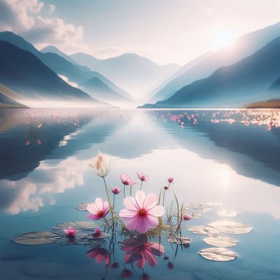 Mountain lake flowers at dawn