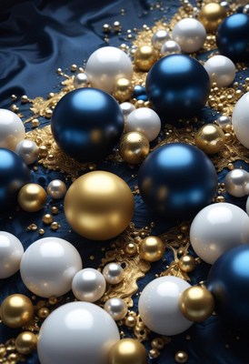 Blue, gold, and white spheres on blue background