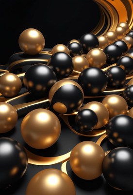 Gold and black spheres on abstract surface
