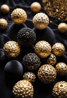 Golden and black orbs on black fabric