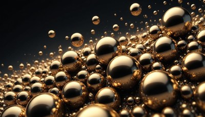 Golden spheres floating on black background