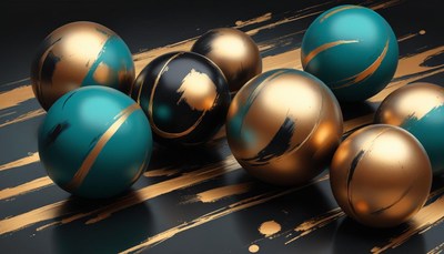 Gold and teal spheres on black background