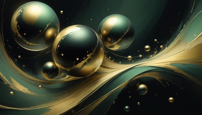 Green and gold spheres in abstract swirl