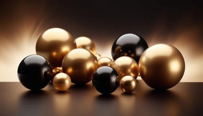 Gold and black spheres on a dark surface