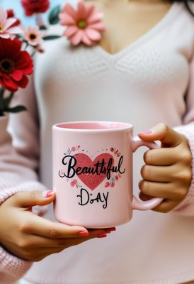 Woman holding beautiful day mug