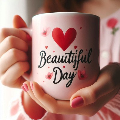 Woman holding beautiful day mug