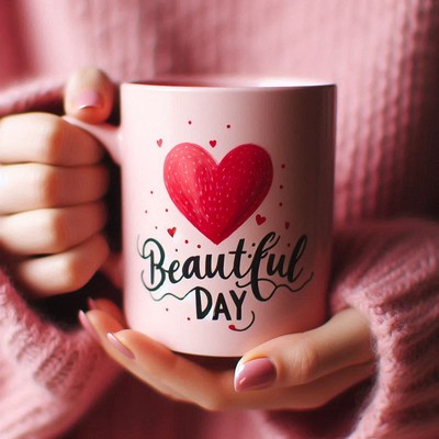 Woman holding pink beautiful day mug