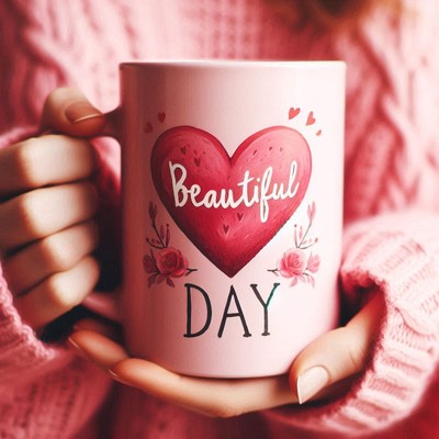 Pink mug with heart and beautiful day design