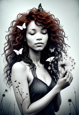 Woman with butterflies and dandelion