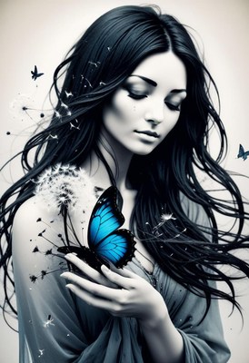 Woman holding blue butterfly with dandelions