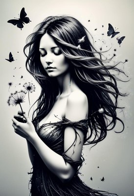 Woman holding dandelion with butterflies