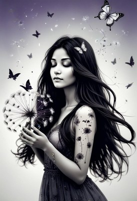 Woman holding dandelion with butterflies
