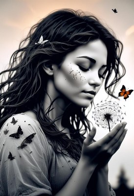 Woman holding dandelion with butterflies