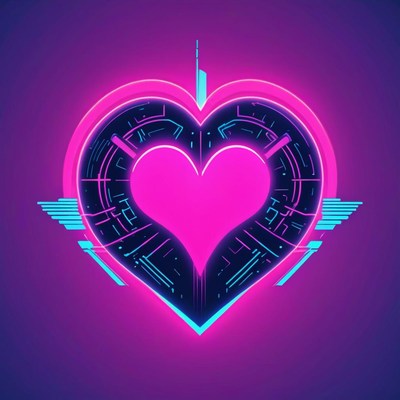 Neon pink heart with circuitry