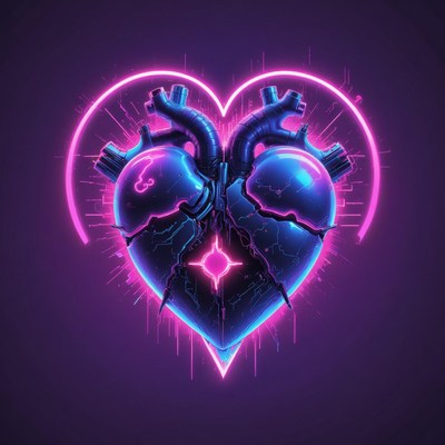Broken digital heart with neon glow
