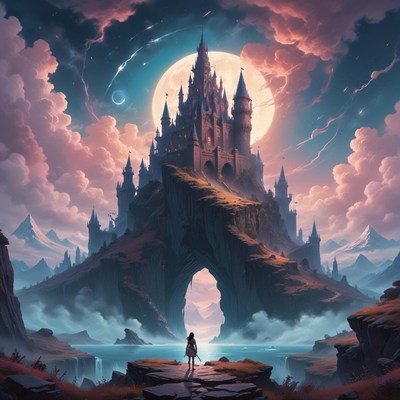 Castle on a cliff under a full moon