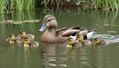 Ducklings swimming with mother