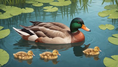 Duck family swimming in pond