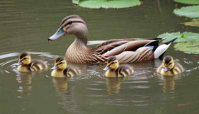 Duck family swimming in pond