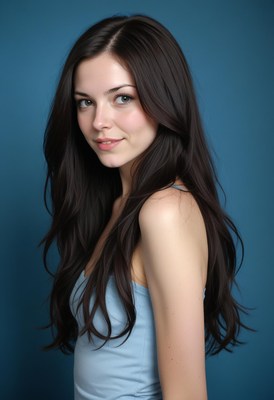 Woman with long black hair against blue background