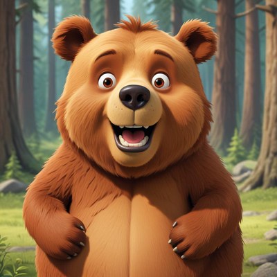 Animated bear smiling in forest
