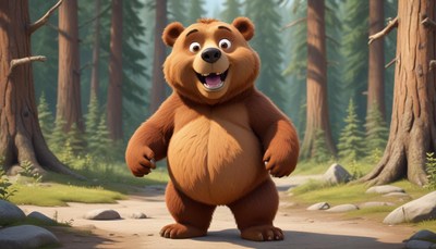 Animated bear smiles in forest