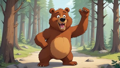 Happy bear waving in forest