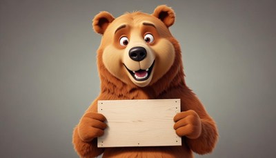 Smiling brown bear holding blank sign