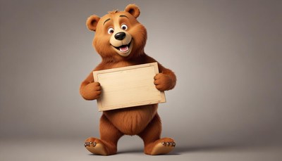 Smiling brown bear holding sign