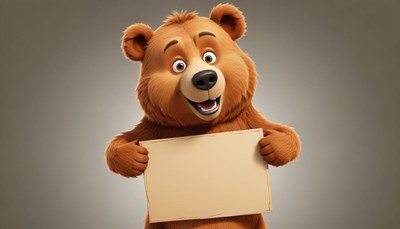 Smiling brown bear holding blank sign