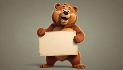Smiling brown bear holding blank sign