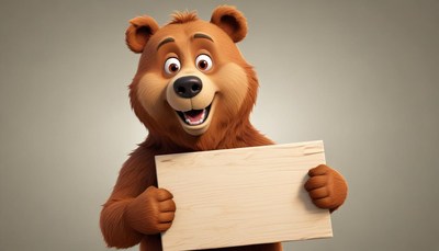 Smiling brown bear holding blank sign