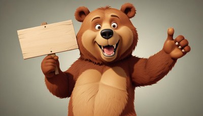 Smiling bear holding sign