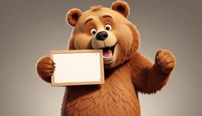 Smiling bear holding sign