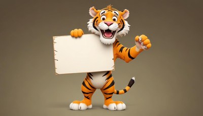 Smiling tiger holding blank sign