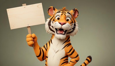 Cartoon tiger holding sign