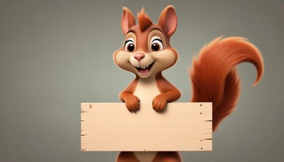 Smiling squirrel holding sign