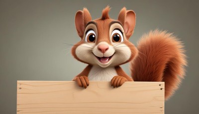 Smiling squirrel holding sign