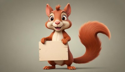 Smiling squirrel holding sign