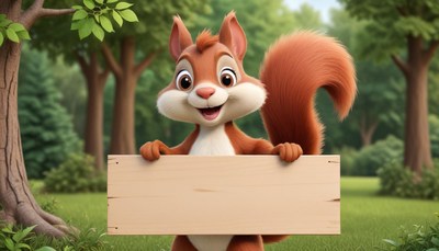 Smiling squirrel holding sign in forest