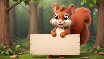 Squirrel holding blank sign in forest