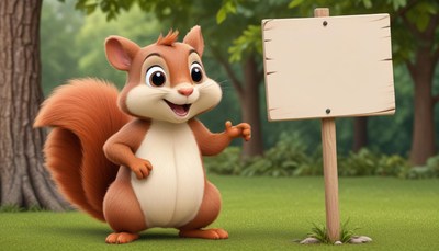 Cartoon squirrel points at blank sign