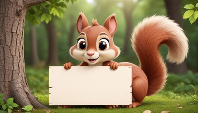 Squirrel holding blank sign in forest