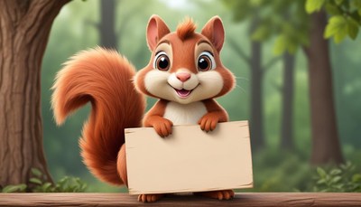 Squirrel holding blank sign in forest