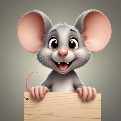 Smiling mouse holding a sign