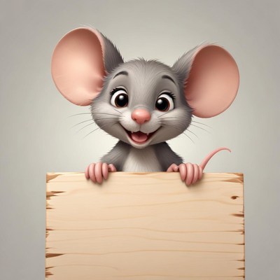 Smiling mouse holding a sign