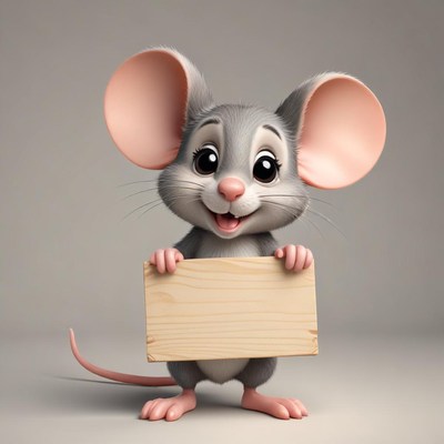 Smiling mouse holding wooden sign