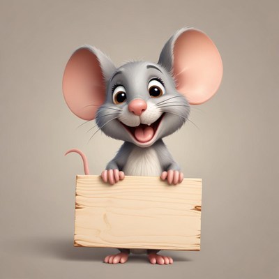 Smiling mouse holding sign