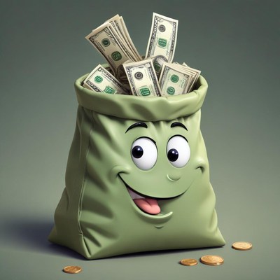 Smiling money bag with cash